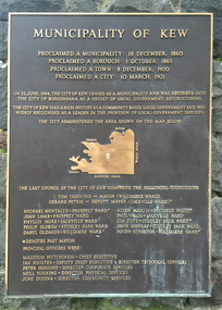 Photograph - Colour, Clare Gervasoni, Municipality of Kew Plaque at the Entrance of Alexandra Gardens, Kew, 2016, 30/07/2016