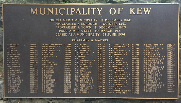 City of Kew Chairmen and Mayors Plaque at the Entrance of Alexandra Gardens, Kew, 2016