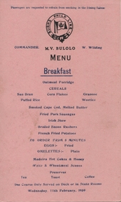 Menu, M.V. Bulolo Breakfast Menu, 1959