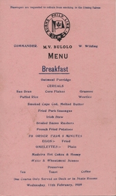 Menu, M.V. Bulolo Breakfast Menu, 1959