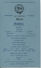 Menu, M. V. Bulolo breakfast Menu, 1959