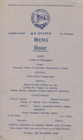 Menu, M. V. Bulolo Dinner Menu, 1958