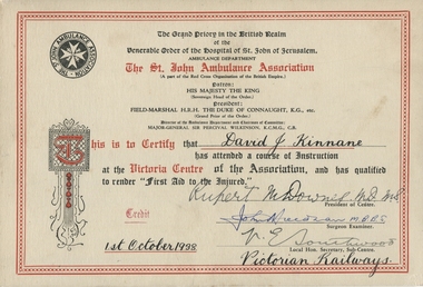 Certificate, Victorian Railways, Kinnane First Aid Certificate 1938, 1938