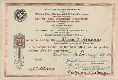 Certificate, Victorian Railways, Kinnane First Aid Certificate 1938, 1938