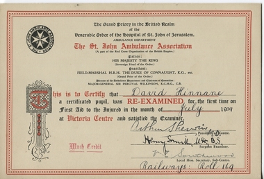 Certificate, Victorian Railways, Kinnane First Aid Certificate 1939, 1939