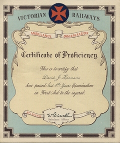 Certificate, Victorian Railways, Kinnane First Aid Certificate 1944, 1944