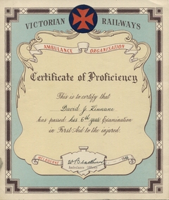 Certificate, Victorian Railways, Kinnane First Aid Certificate 1946, 1946