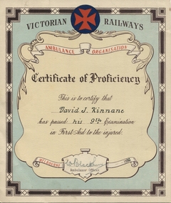 Certificate, Victorian Railways, Kinnane First Aid Certificate 1950, 1950