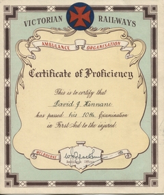 Certificate, Victorian Railways, Kinnane First Aid Certificate1951, 1951