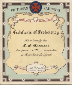 Certificate, Victorian Railways, Kinnane First Aid Certificate 1952, 1952