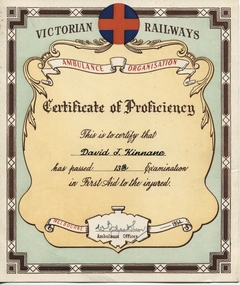 Certificate, Victorian Railways, Kinnane First Aid Certificate 1954, 1958
