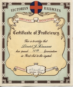 Certificate, Victorian Railways, Kinnane First Aid Certificate 1955, 1955