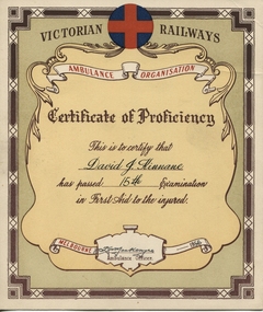 Certificate, Victorian Railways, Kinnane First Aid Certificate 1956, 1956