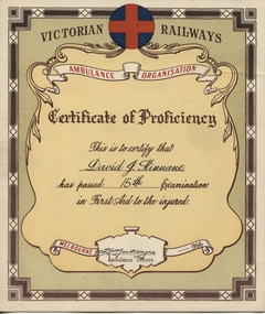 Certificate, Victorian Railways, Kinnane First Aid Certificate 1956, 1956