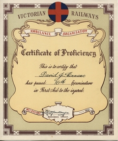 Certificate, Victorian Railways, Kinnane First Aid Certificate 1957, 1957