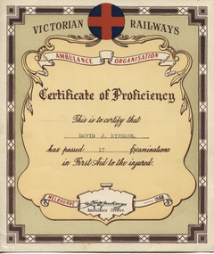 Certificate, Victorian Railways, Kinnane First Aid Certificate 1958, 1958