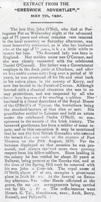 Newspaper clipping, Creswick Advertiser, Obituary Mrs John O'Neil, 1894