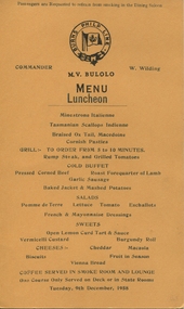 Menu, M. V. Bulolo Luncheon Menu, 09/121958