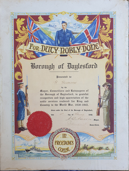 Borough of Daylesford World War Two Certificate of Service, 1948
