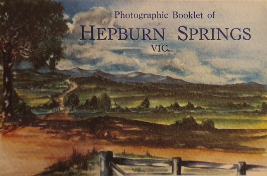 A colour painting of the road to Hepburn Springs, with mountains in the background.