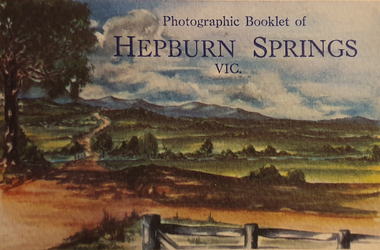 A colour painting of the road to Hepburn Springs, with mountains in the background.