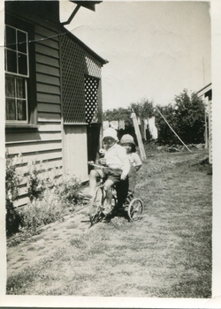 Two boys on a tricycle