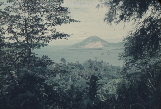 This digital copy of a slide shows the active volcano Matupi around 1958 before it erupted in 2006.