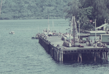This image shows Alec, Denise and Jeny Kinnane waiting for the MV Bulolo to birth around 1958.