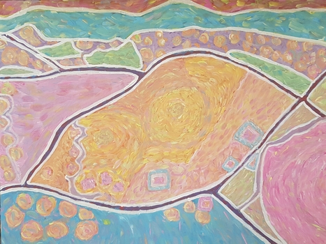 Aerial oblique modern abstract interpretation of Gervasoni farm at Yandoit creek using a fauve colour palette.