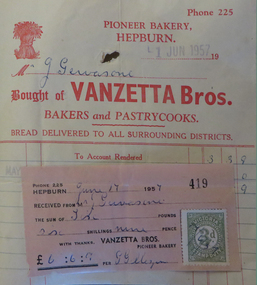 Document, Invoice from Vanzetta Brother's Bakery, Hepburn, Victoria, 1957, 1959