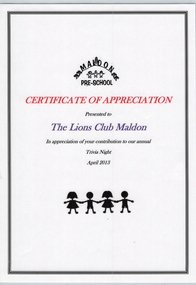 Certificate, Maldon Pre-School, 2013
