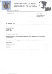 Letter, Thanks from Riding for the Disabled