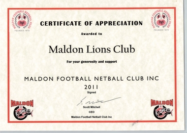 Certificate, Thankyou from Maldon Football Netball Club