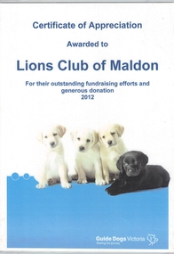 Certificate, Thanks from Guide Dogs Victoria