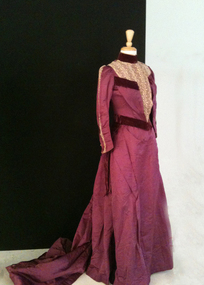 Silk two piece dress 1870s, Plum silk, lace and velvet bodice and bustle skirt 1870s, 1870s