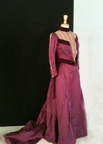 Clothing - Silk two piece dress 1870s, Plum silk, lace and velvet bodice and bustle skirt 1870s, 1870s