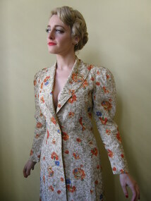 Printed silk evening coat 1930s, Floral and butterflies silk princess line evening coat 1930s, Late 1930s