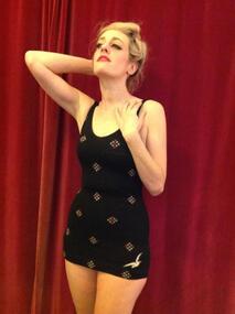 Clothing - Knitted ladies swimsuit 1930, Knit wool black patterned ladies swimsuit by Seagull 1930s, 1930
