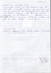 Document - Two handwritten pages of recollection compiled by Lois Royle; who attended the last NDSN school PTS. Lois describes hi-jinks by trainee nurses