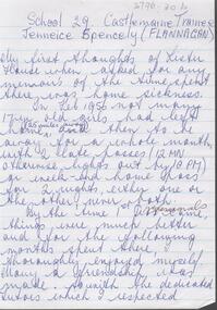 Document - Three handwritten pages of memories compiled by Jenneice Spencely (nee Flannagan) of attending NDSN, PTS 29