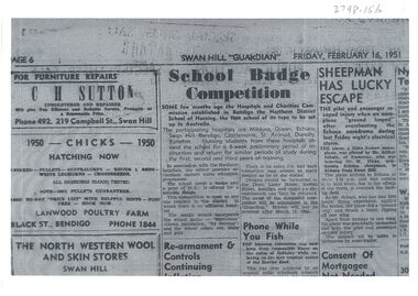 Document - Two copied of photocopied article from the Swan Hill Guardian 16th February 1951 "School Badge Competition"