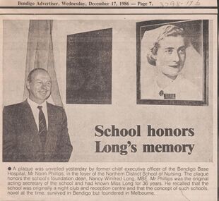 Document - Article in Bendigo Advertiser - original. "School Honors Long's Memory". 17th December 1986