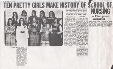 Document - Ten Pretty Girls make History of school of nursing. !7th April 1976. First graduates from three-year course, First graduates, Three Year Course, NDSN