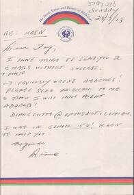 Document - Correspondence from and to:  Jenny Pata (Clutterbuck), Gina Pocock, Joan O'Shea, Diane Cutts and Fay Bourke NDSN trainees at various schools