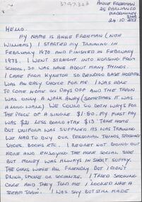 Document - Handwritten note on nursing training by Anne Freeman (Williams) commencing 1970