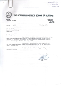 Document - NDSN Staff Nurse Course - letter to Miss Margaret Irvin to attend the Preliminary Training School of NDSN on Monday 30 July 1979, 18th May 1979