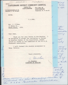 Document - NDSN Staff Nurse Course - three letters addressed to Mrs. J. O'Shea re Reunion Invitations, March 1980
