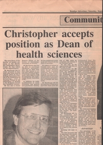Document - NDSN - Appointment of Christopher Moorhouse as the first Dean of Health Services at the BCAE, in the Bendigo Advertiser 6 September 1986, 1986