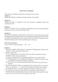 Document - NDSN - interview schedule for NDSN over seven pages and four sections, 1989