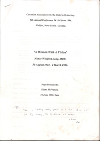 Document - NDSN - Canadian Association of the History of Nursing, 9th Annual Conference 14-16 June 1996, paper presented by Diane M Francis, 1989